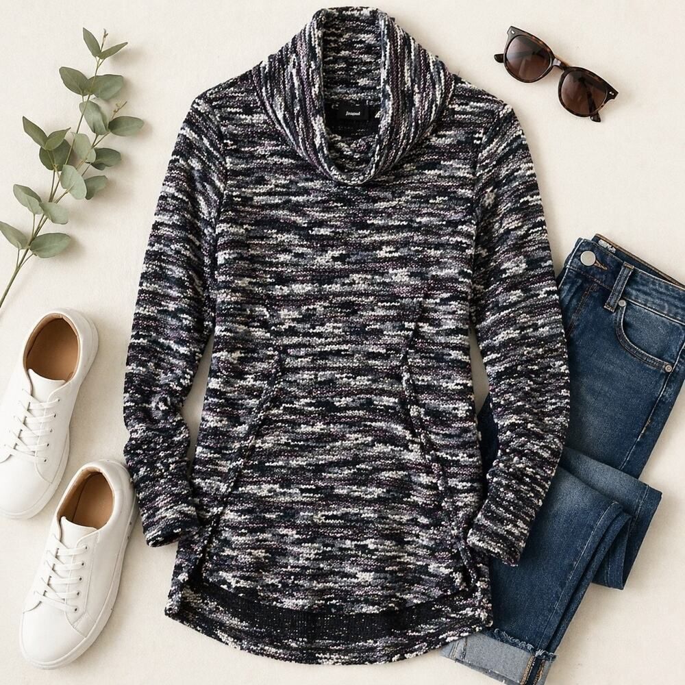 Betabrand Marled Pink Gray Cowl Neck Tunic Sweater XS Cozy Athleisure Minimalist